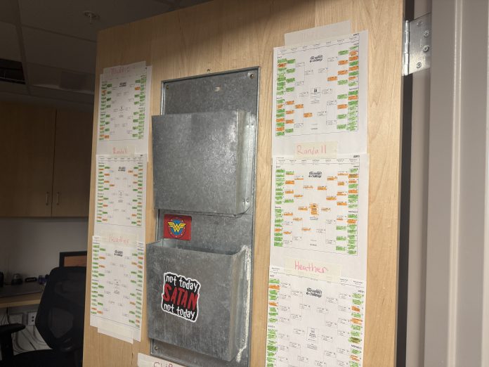 March madness brackets in the athletic training room on March 27, 2026.